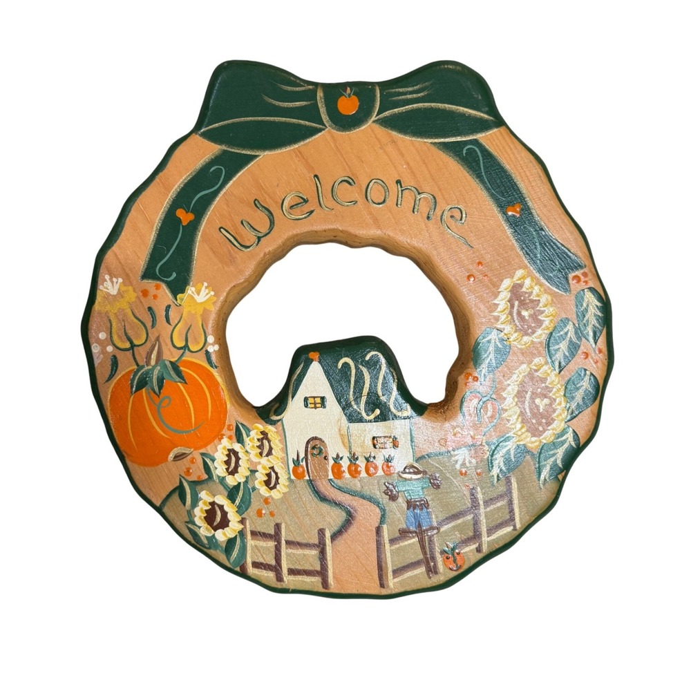 JDI‎ Wood Welcome Fall Wreath Plaque Pumpkin Sunflower Handmade Cottagecore